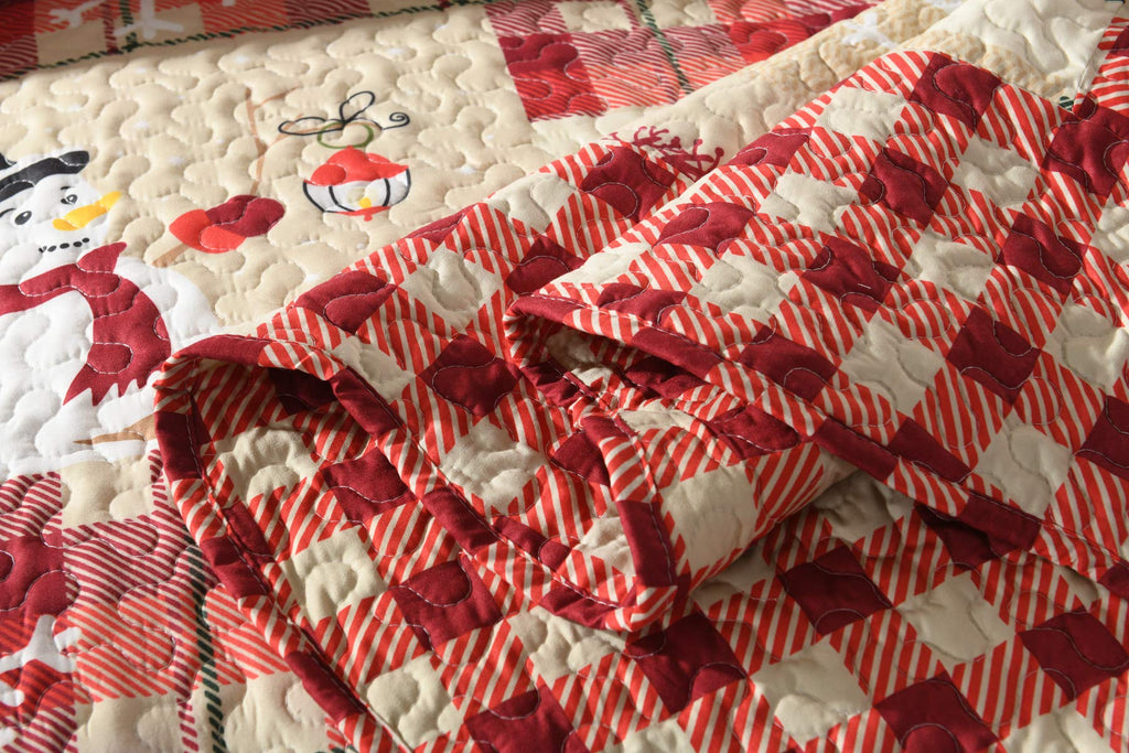 Christmas Reindeer Plaid Quilt Set Red Patchwork Bedding Bedspread