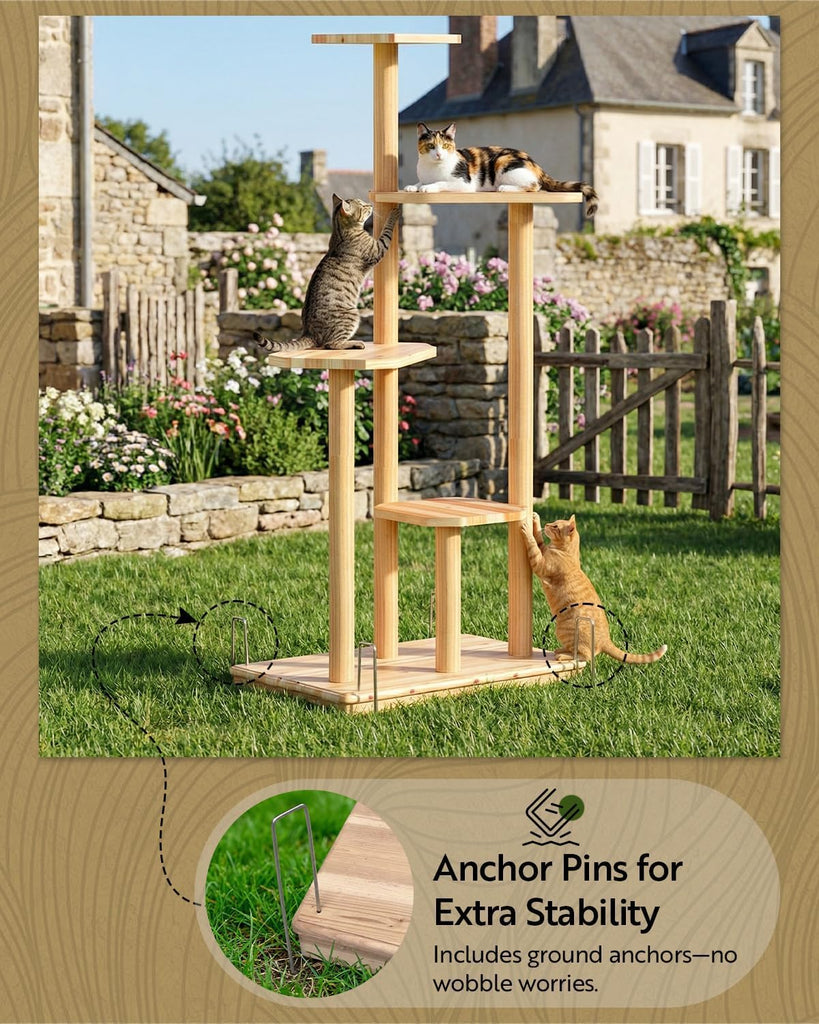 60" Tall Weatherproof Outdoor Cat Tree Tower, Solid Natural Wood