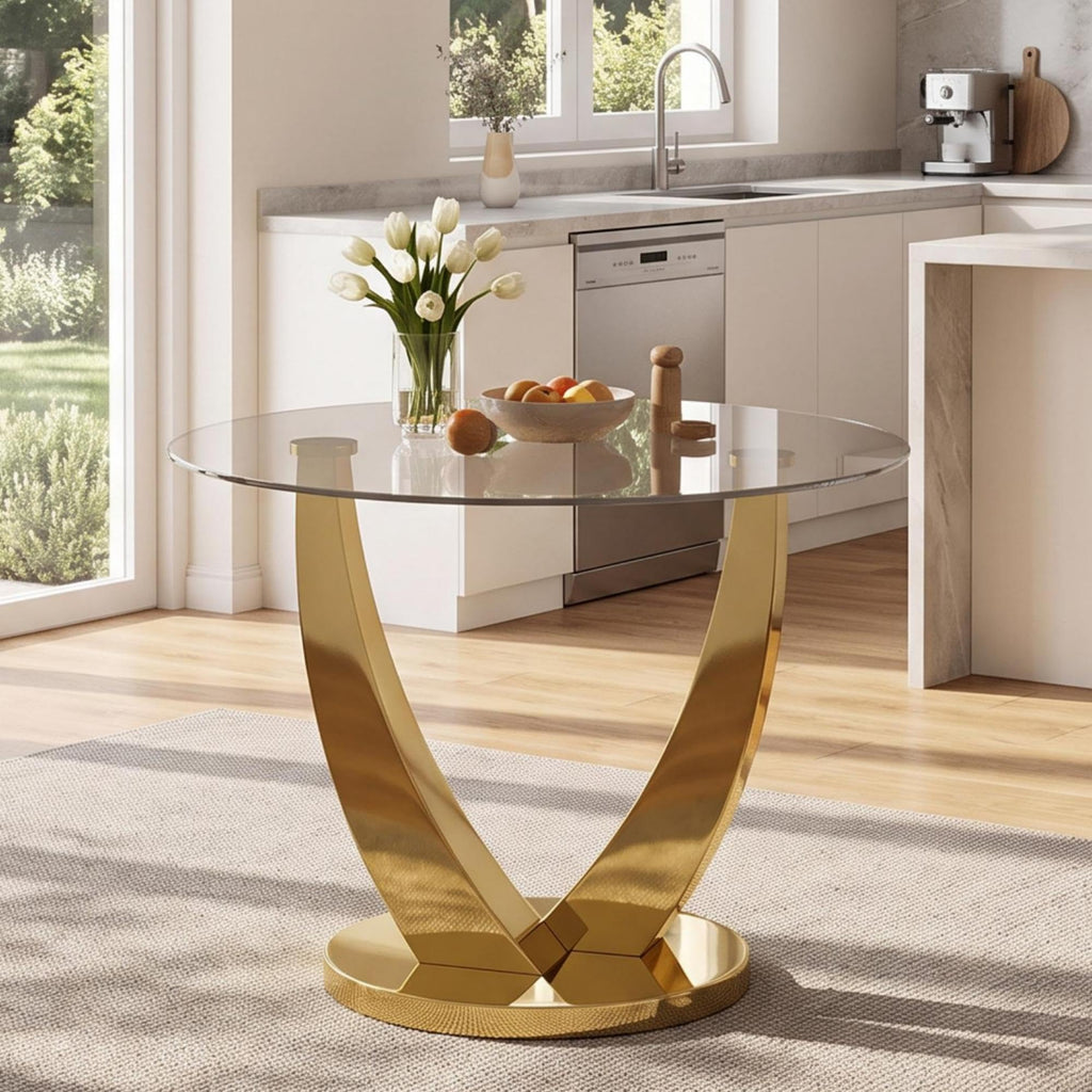 38.9" Modern Round Glass Dining Table for 2-4 People, Gold Base