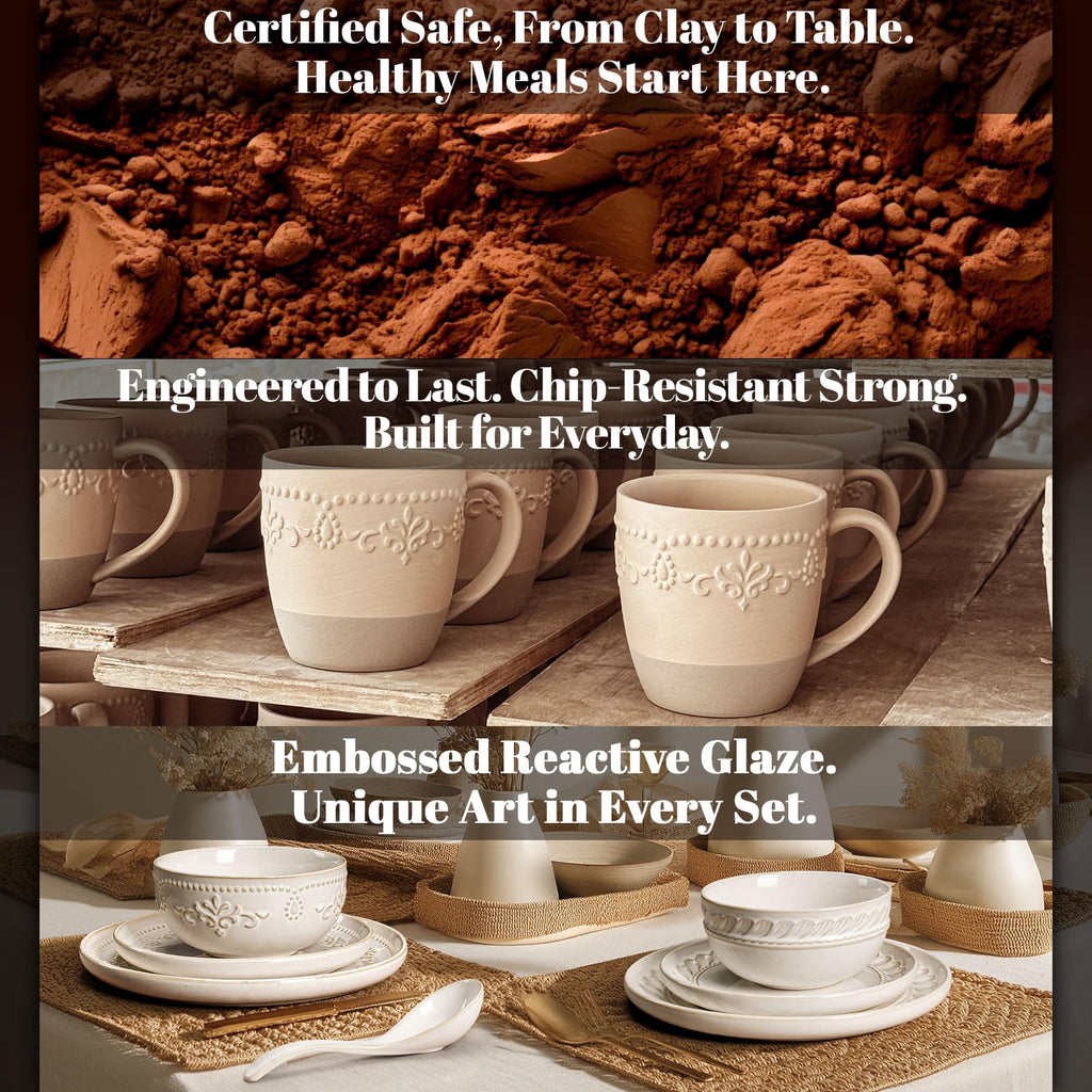 Plates And Bowls Sets, 16 Pieces Dinnerware Sets, Dish Set For 4, Ceramic Kitchen Bowl And Plate Set, Embossed White