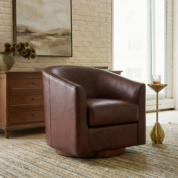 Genuine Leather Swivel Barrel Chair with Solid Wood Base, Brown