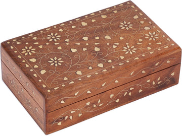 Hand Carved Wooden Decorative Jewelry Storage Box with Floral Carvings Design Brass Inlay Keepsake Travel Treasure