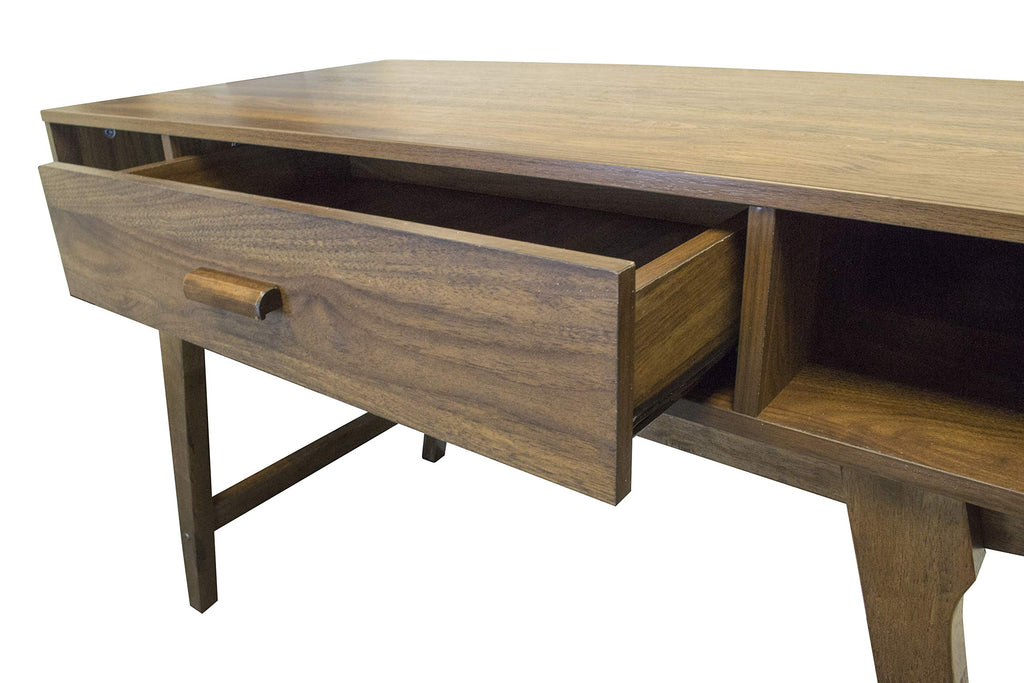 Mid-Century Modern Writing Desk with Drawer and Open Storage - Danish Walnut