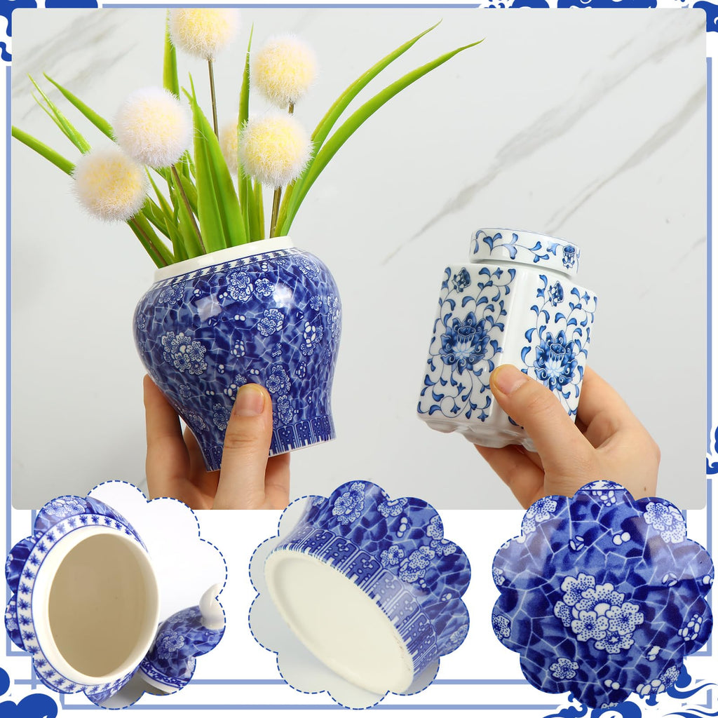 8 Pcs Blue White Ginger Jars with Lids Chinoiserie, Retro Style