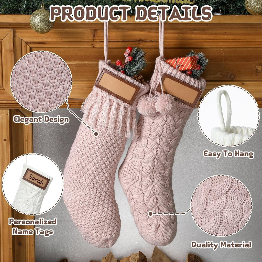 Personalized Knitted Christmas Stockings with Leather Name 18 inch Bulk Family Large Size Knit Xmas Hanging - Set of 4