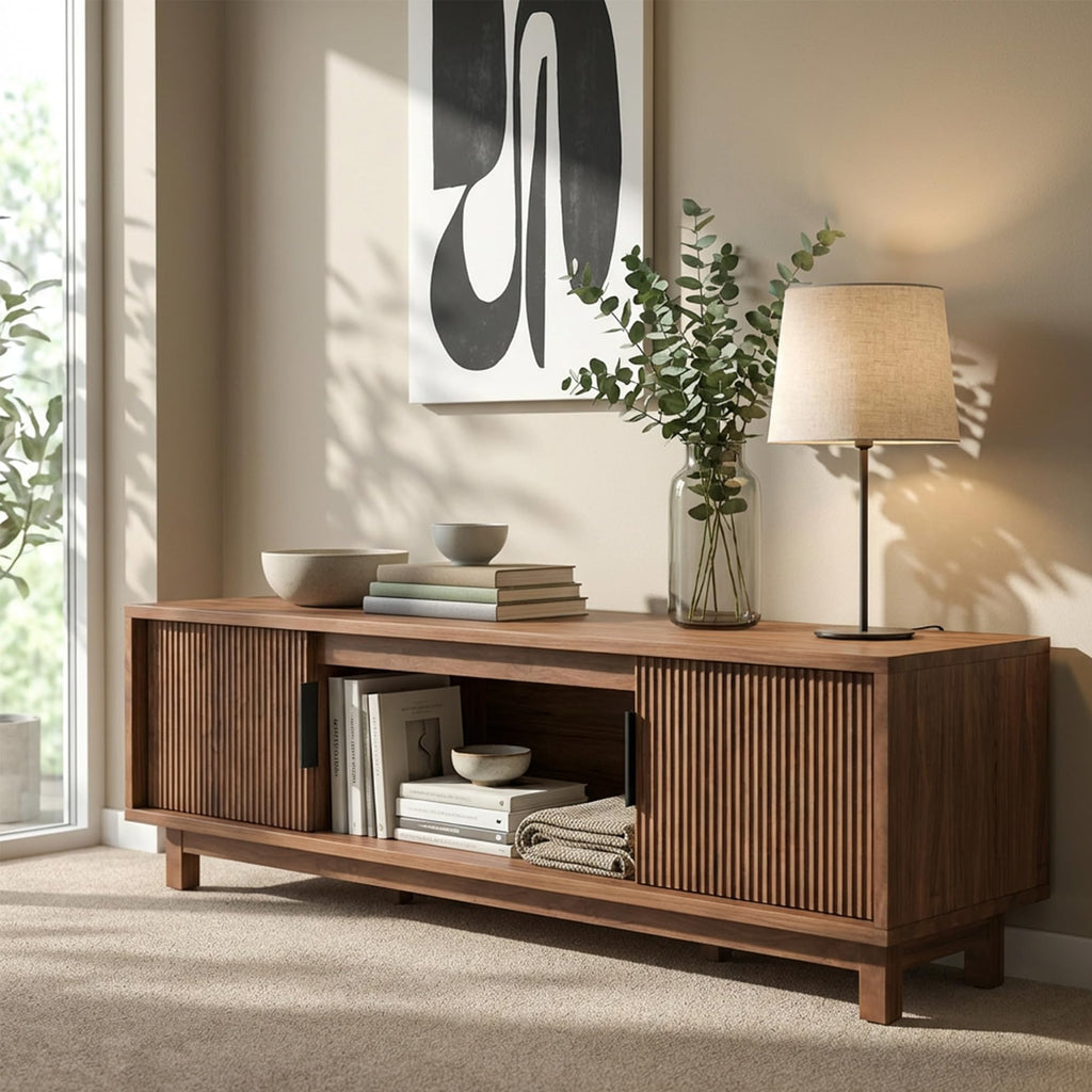 Fluted TV Stand, Mid Century Modern TV Stands, Walnut Entertainment Center for 55/60/65 Inch TV, Media Console with