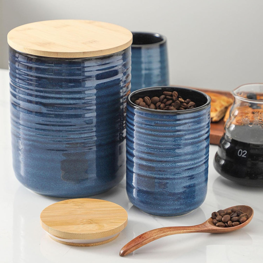 Ceramic Food Storage Jars with Bamboo Lids - 80oz + 24oz Kitchen Canister Set - 7.5" & 5.9" Airtight Containers - Set of 2