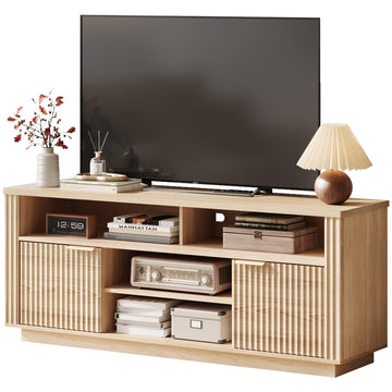 Mid Century Modern Fluted TV Stand for 65" TV, Natural Oak | Large Sturdy TV Console Table with with Storage Cabinet