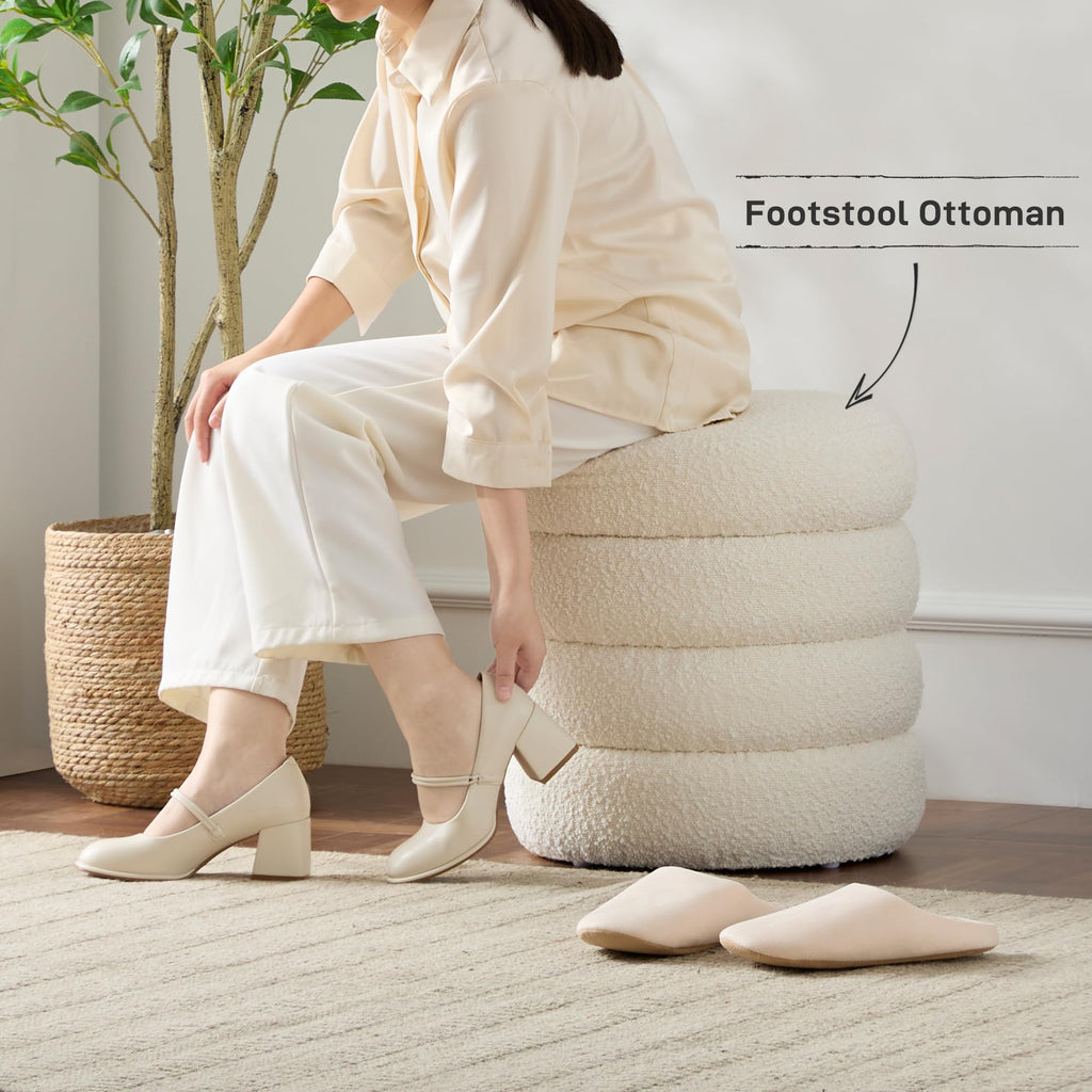 Round Ottoman with Storage Boucle Ottoman (White)