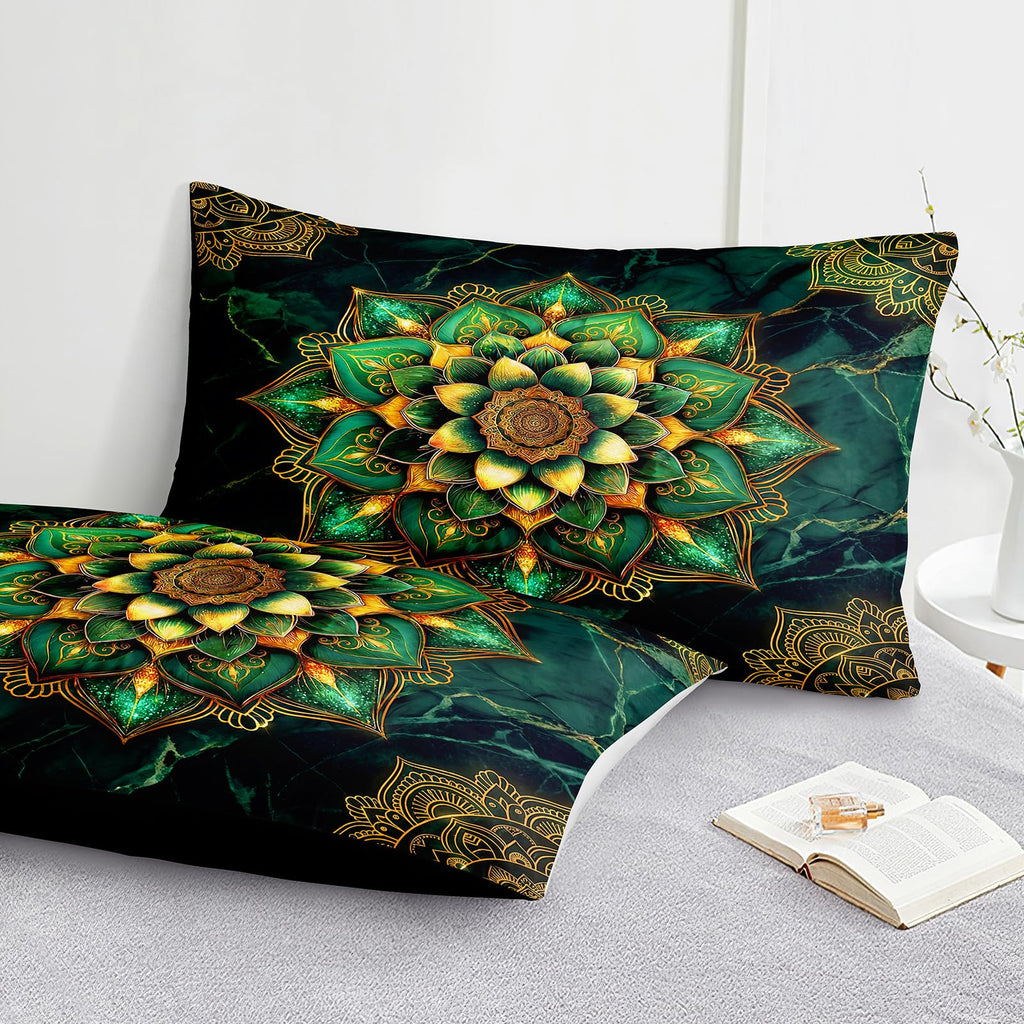 Green Marble Comforter Set Queen Size Mandala Floral Bedding Set Dark Green Mandala Print Boho Chic Bedding Super
