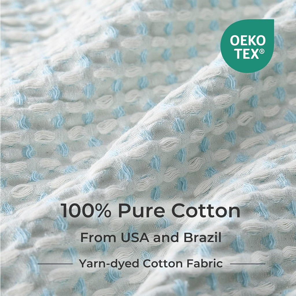 Lightweight Cotton Waffle Throw Blanket, Modern Two-Tone Check Pattern, Soft & Breathable, All Seasons - Light