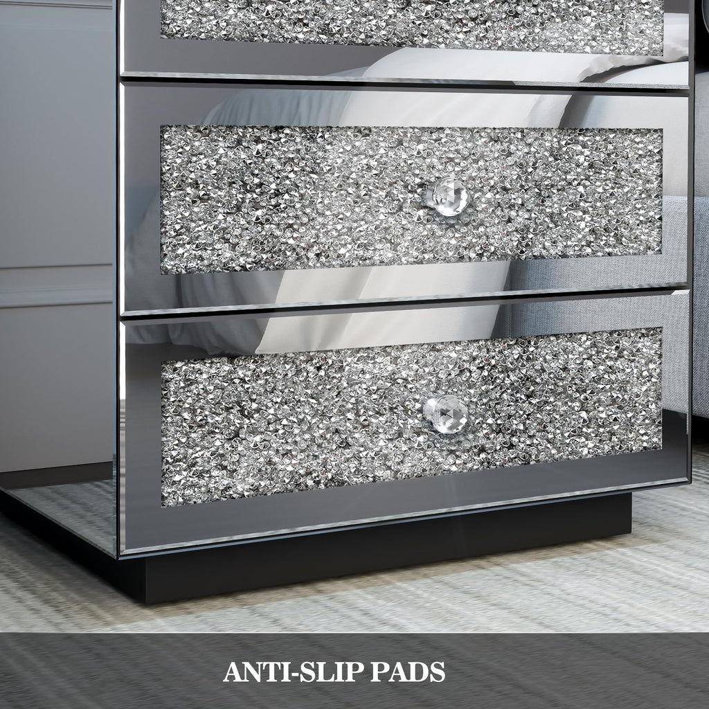 Mirrored Nightstand Set of 2, LED End Table with Wireless Charging Station, Modern Accent Side Table with 3 Crushed
