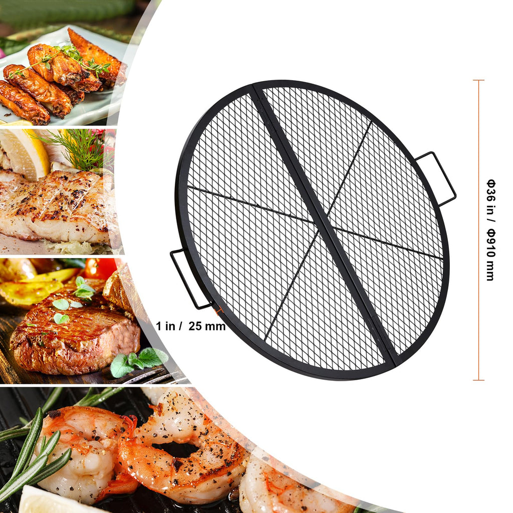 X-Marks Fire Pit Grill Grate, Foldable Round Cooking Grate, Heavy Duty Steel Campfire BBQ Grill Grid with Handle and