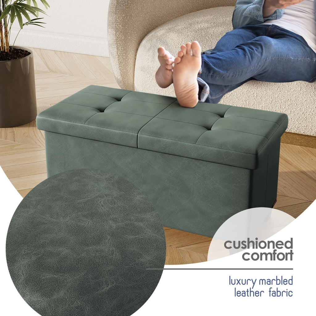 Storage Ottoman Bench with Bins, 30-in Storage Bench End of Bed, Folding Foot Rest Ottoman Max 660lbs, Leather