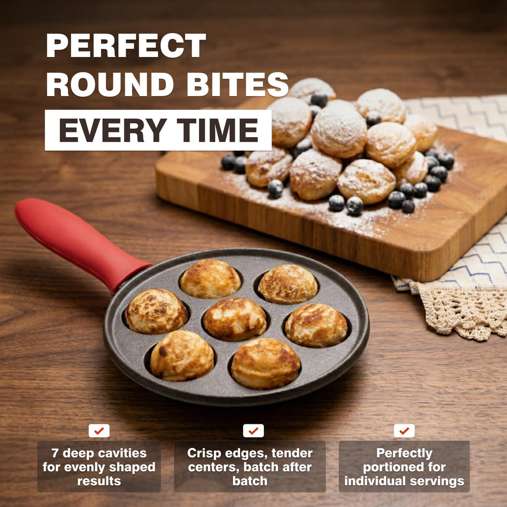 Cast Iron Aebleskiver Pan, Appam Paniyaram Pan, Pre-Seasoned 7.9 In
