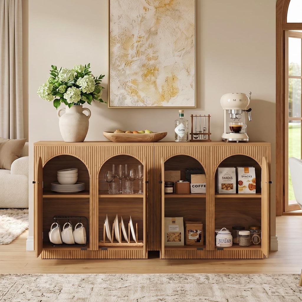 32" Arched Door Sideboard Buffet Cabinet with Storage, Natural Oak