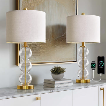 25" Glass Table Lamps Set of 2, Gold Modern Table Lamps with USB Ports, Linen Shade Bedside Lamps, Nightstand, Side