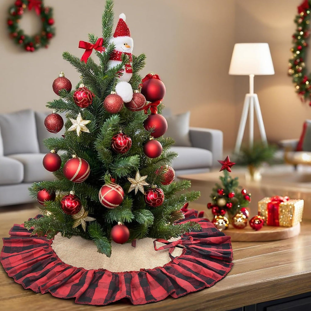 Mini Buffalo Plaid Burlap Tree Skirt with Red and Black Ruffle, 24 inch Small Red Black Gingham Chrismtas Tree Skirt