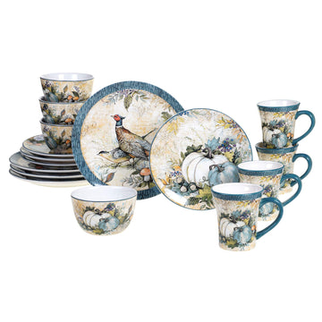 Harvest Gatherings 16-Piece Ceramic Dinnerware Set, Service for 4 - Multicolor Fall Plates, Bowls & Mugs with Pumpkin