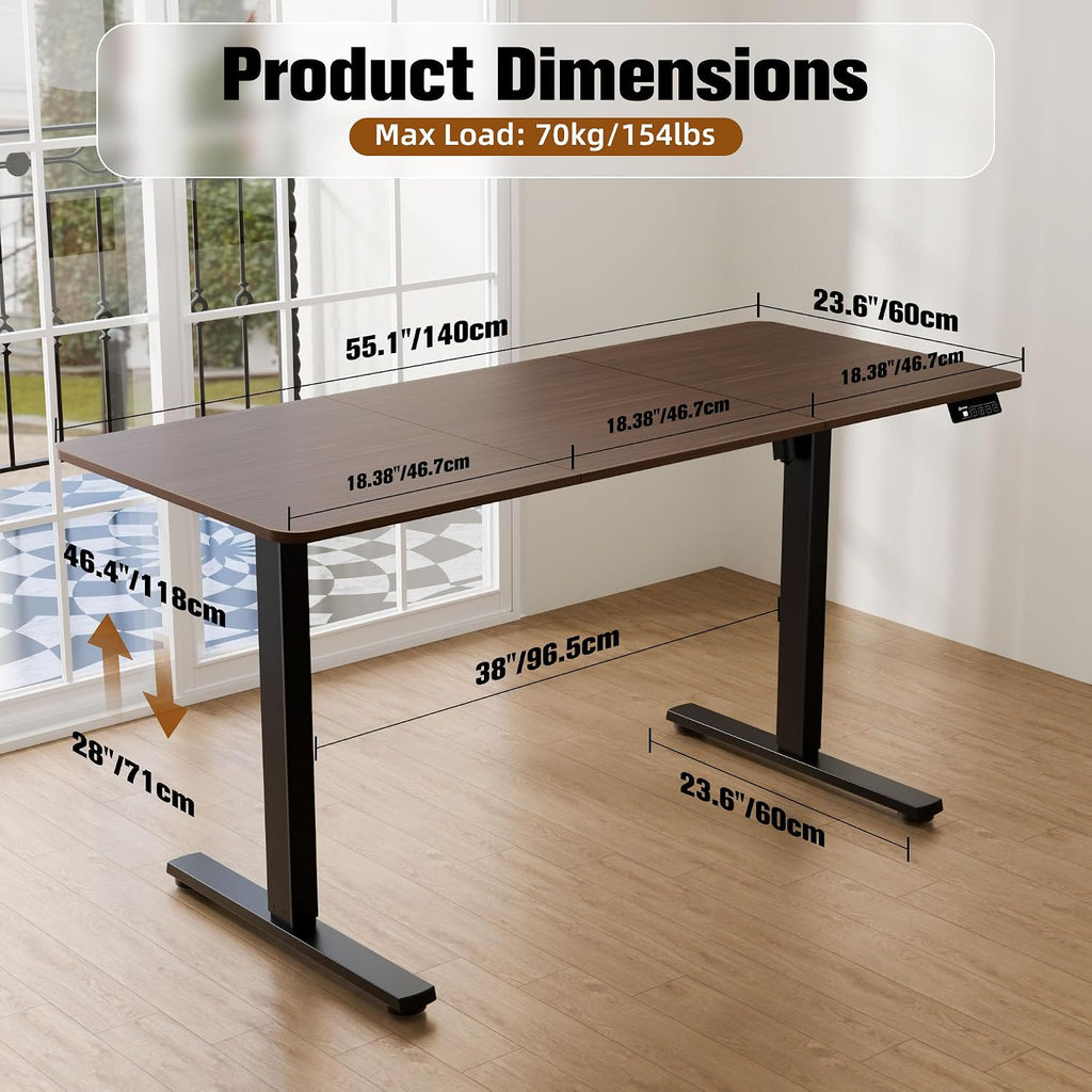 55"x24" Standing Desk, Height Adjustable Sit-Stand Home Office, Walnut | Electric Adjustable Standing Desk, Sit to