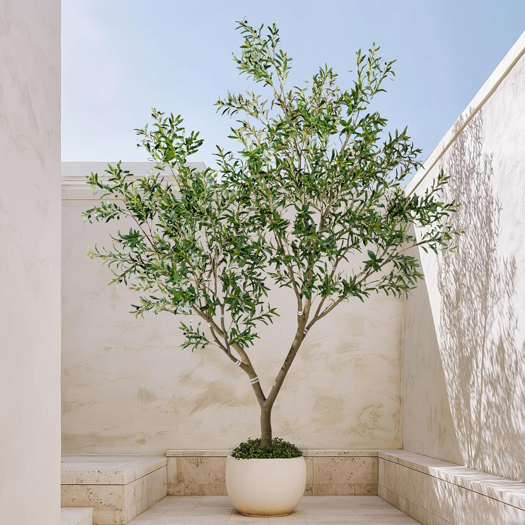 10ft Faux Olive Tree with White Pot & Moss, Artificial Olive Tree Indoor Outdoor, PE/PVC Leaves, Realistic Resin