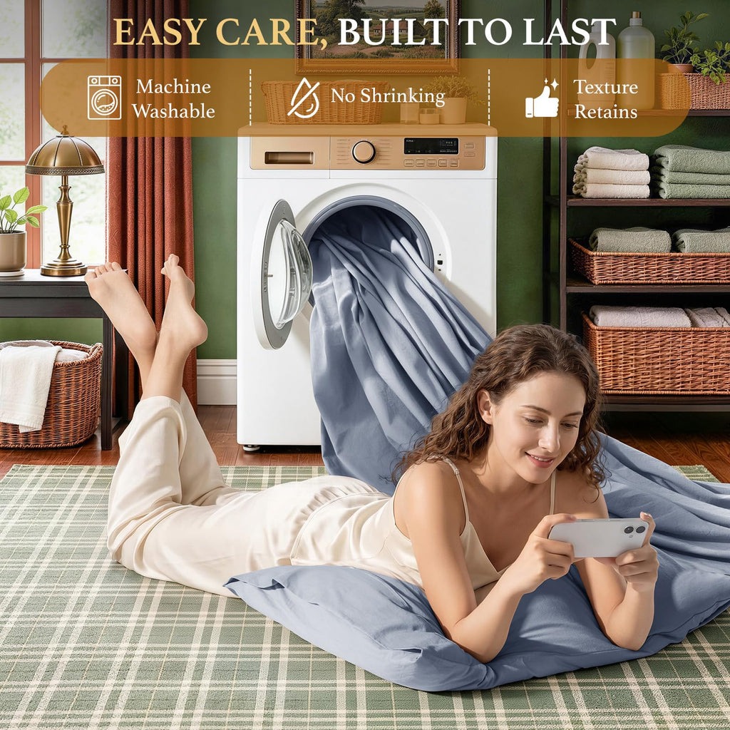 100% Washed Cotton Sheets Set, Linen-Like Feel Sheets