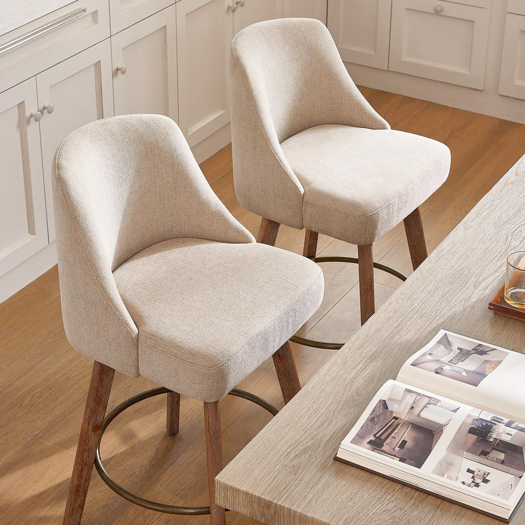 Counter Height Bar Stools,Sand-Colored Linen Comfort Fabric Bar Stool Set of 2,360° Swivel Counter Height Stools