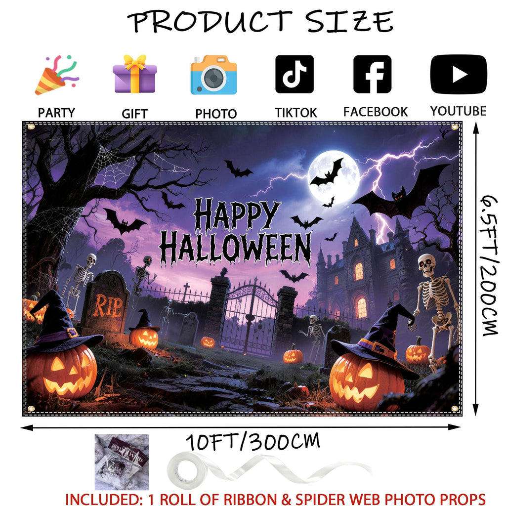 Happy Halloween Backdrop 10×6.5ft Halloween Banner with Stretchy Spider Web