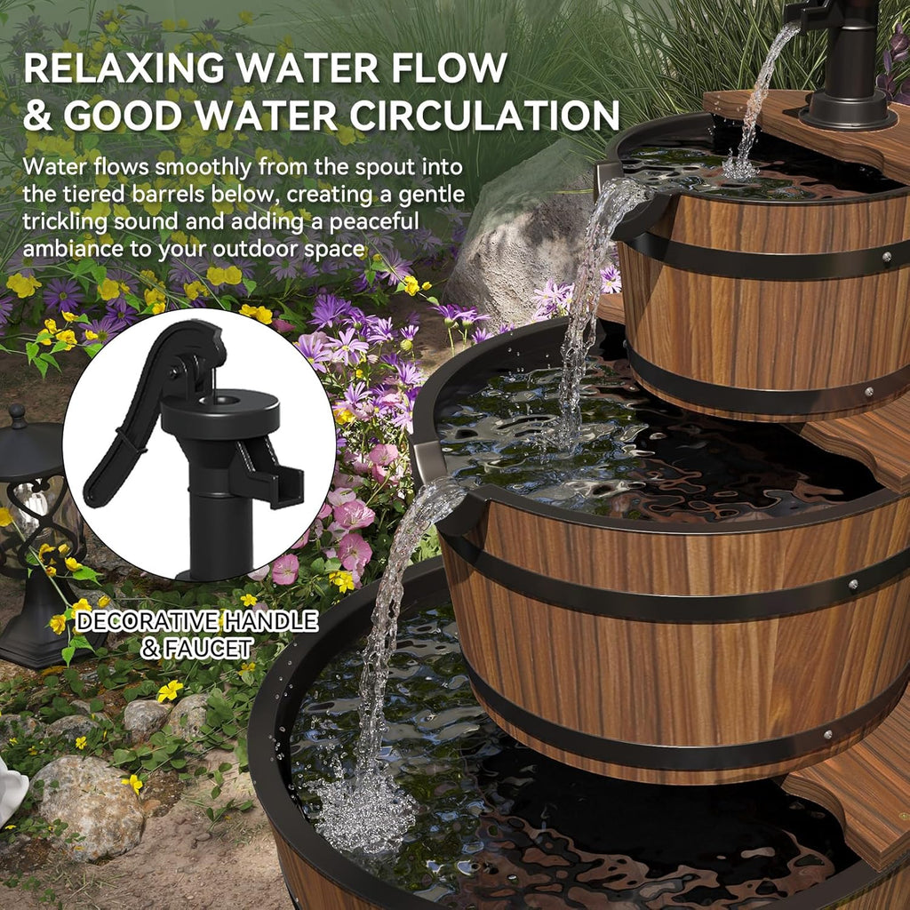 3-Tier Outdoor Water Fountain, Wood Barrel Cascading with Electric Decorative Hand Pump, Rustic Waterfall Fountain