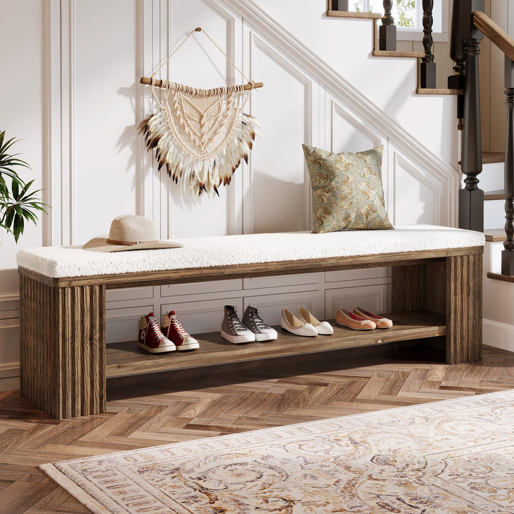63" Solid Wood Entryway Bench, Farmhouse Upholstered End of Bed Bench with Removable Faux Lambswool Cushion and