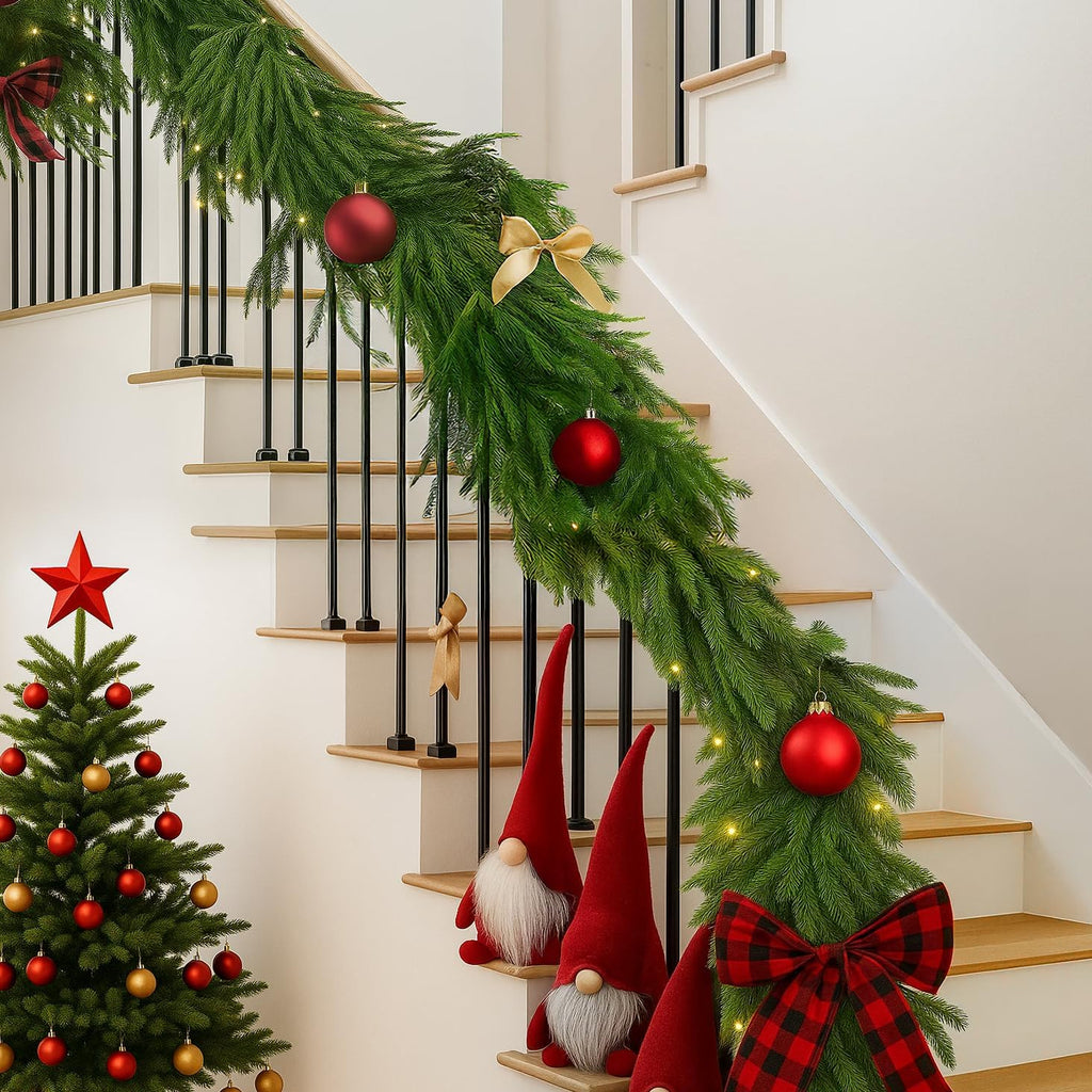 Upgrade 9FT Artificial Christmas Norfolk Pine and Cedar Garlands,Christma Real Touch Winter Pine Garland, Greenery