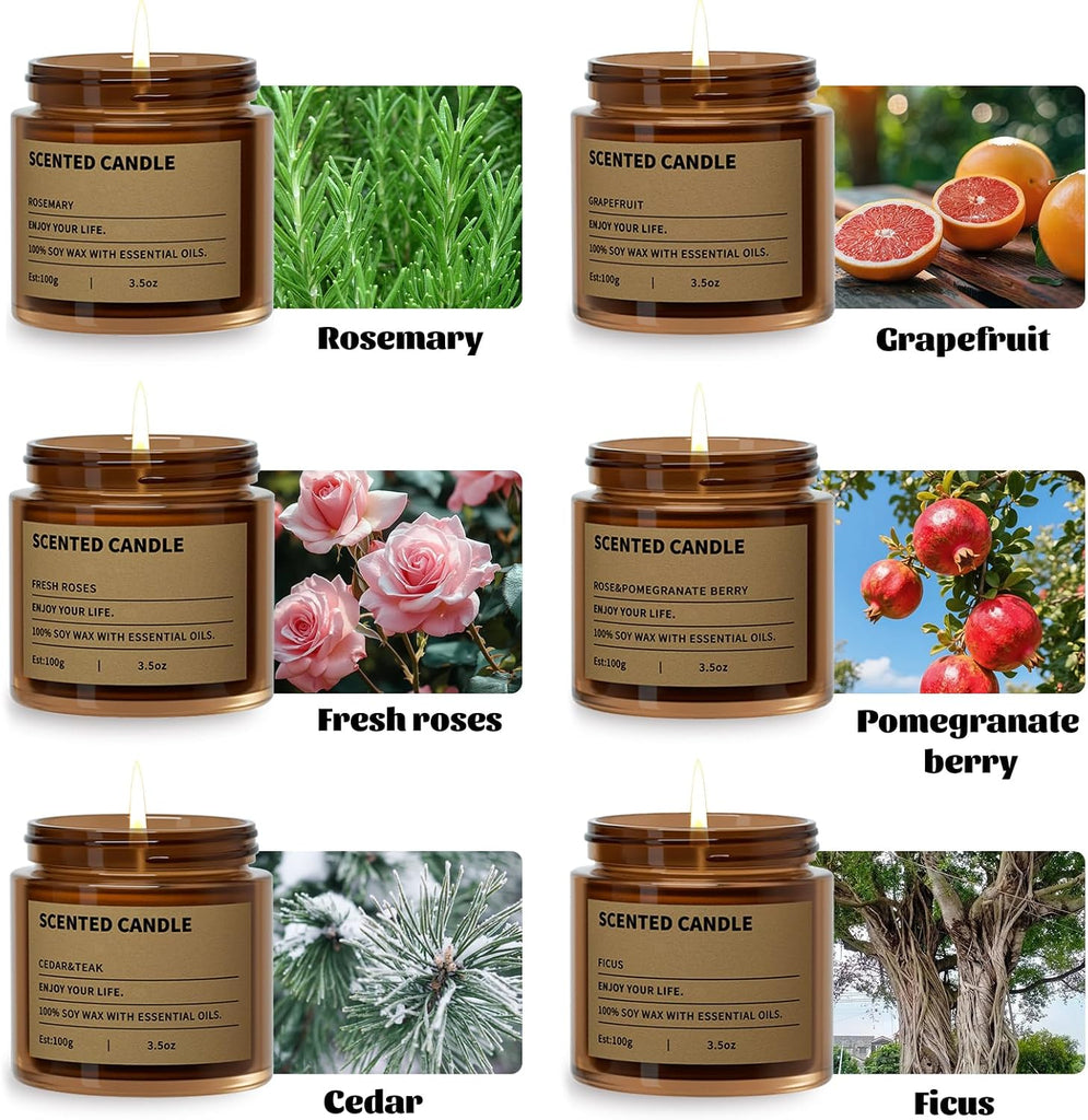 Scented Candles Gifts for Women,3.5 Oz Amber Candles Set, 150 Hours Long Burning Soy Wax Candles Jar - Set of 6