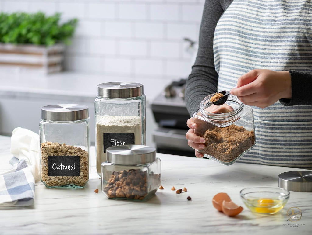 Square Glass Cookie Jars with Airtight Lids + Marker & Labels, Canister Sets Counter or Bathroom - Food Storage - Set of 4