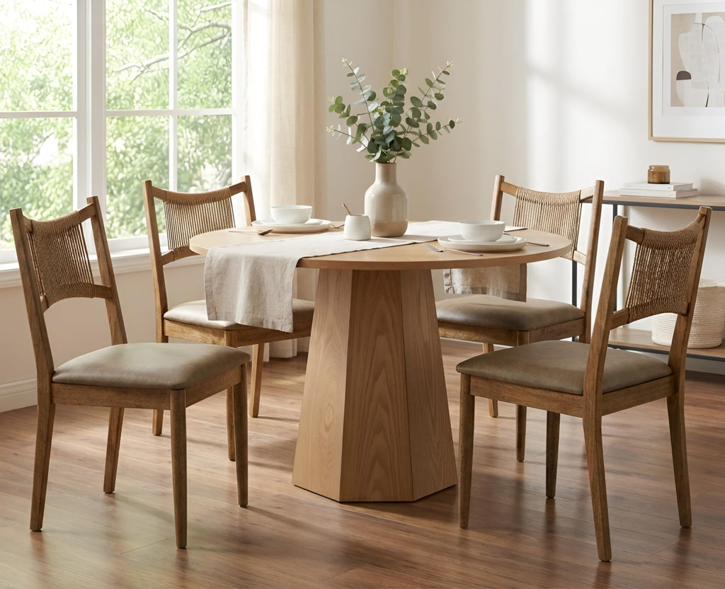 Wooden Dining Chairs Set of 4 PU Leather Upholstered Dining Room Chairs Kitchen Side Chair with Woven Seagrass Back