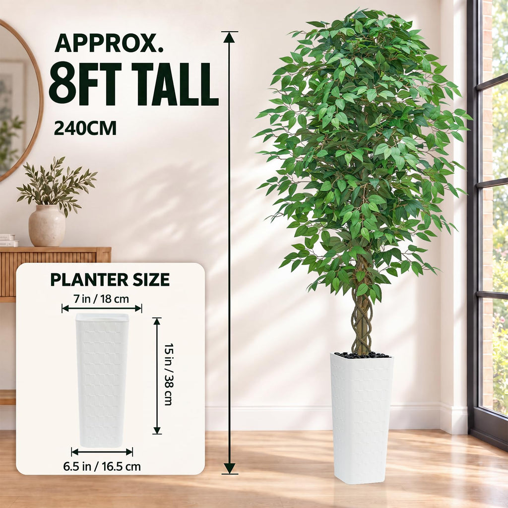 Artificial Ficus Tree 8FT, Large Fake Tree Decor (White Planter)