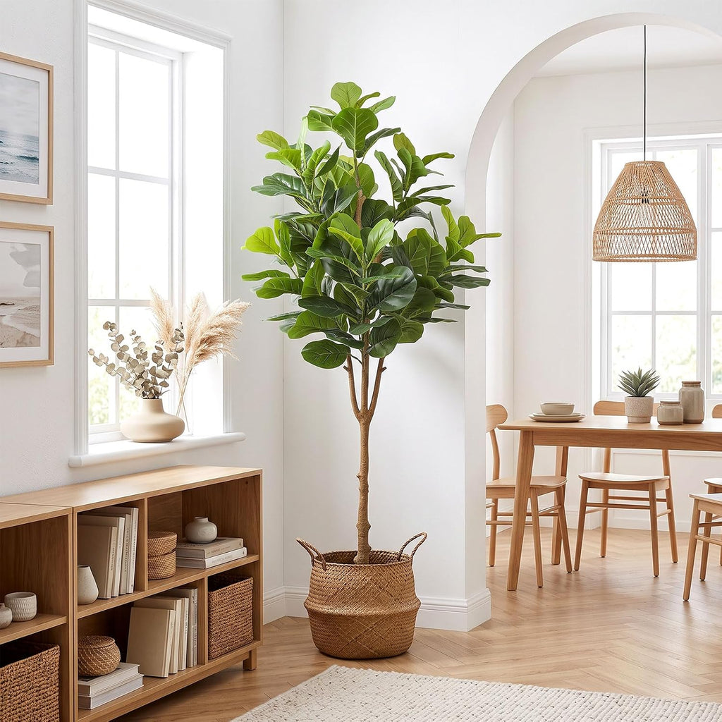 6FT Artificial Fiddle Leaf Fig Tree, Large Faux Ficus Lyrata Tree with White Planter, Fake Floor Plants Living Room