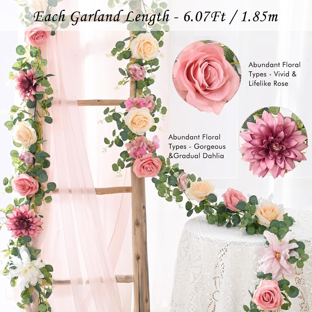 Artificial Flower Garland Decorations, 12.14Ft Eucalyptus Greenery Vines with Pink Roses for Wedding Table - Set of 2