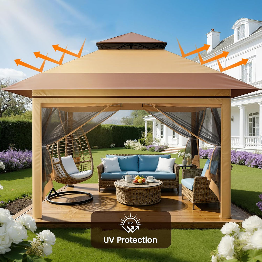 13x13 Pop Up Gazebo, Instant Outdoor Gazebo with Mosquito Netting, Vented Roof and Carry Bag - Beige & Coffee