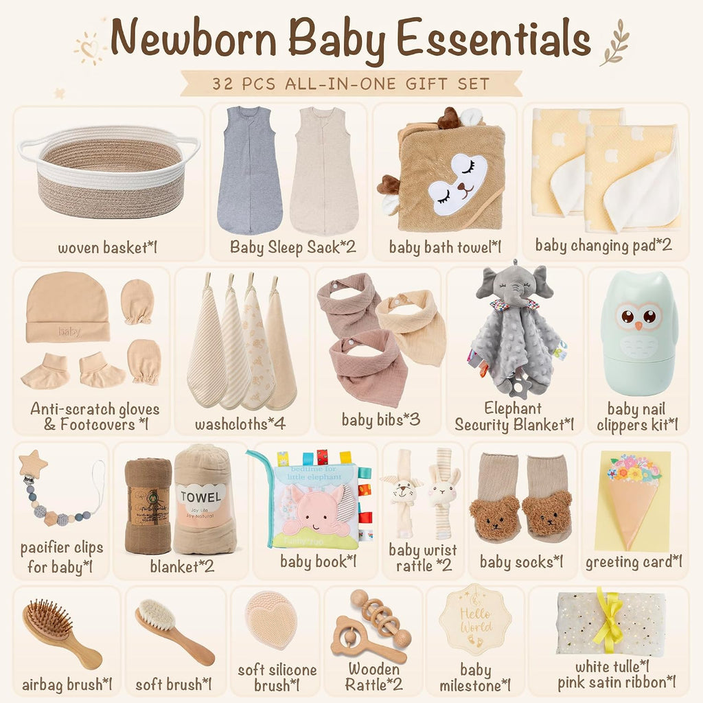 32 Piece Baby Gift Basket - Luxury Curated Baby Gift Basket for Newborn