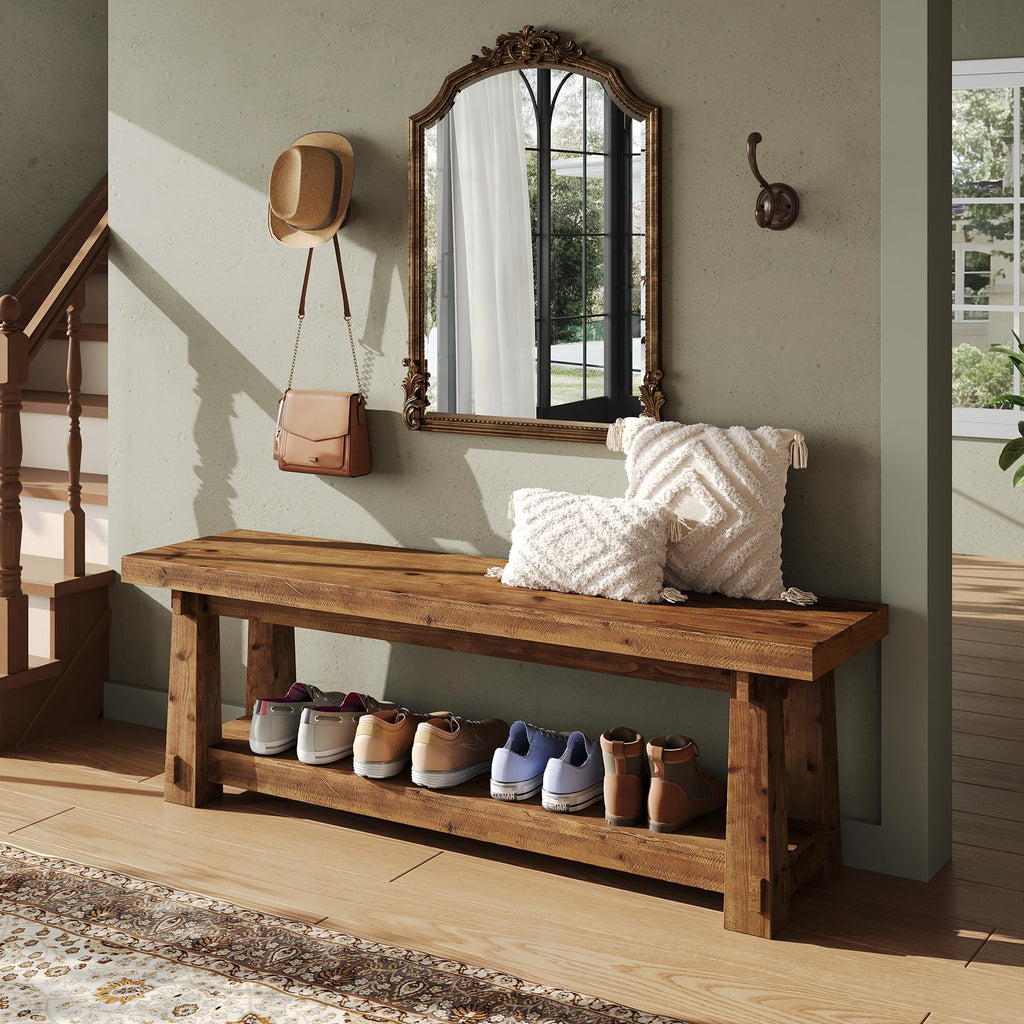 Solid Wood Entryway Bench, 55" Rustic Bench Seat with Shoe Storage, 350 LB