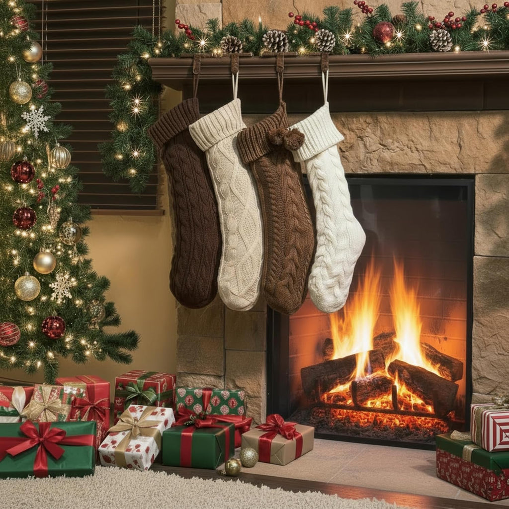 Cable Knit Christmas Stockings 18 Inch Farmhouse Large Rustic Neutral Knitted Stockings Ornaments Hanging Xmas - Set of 4