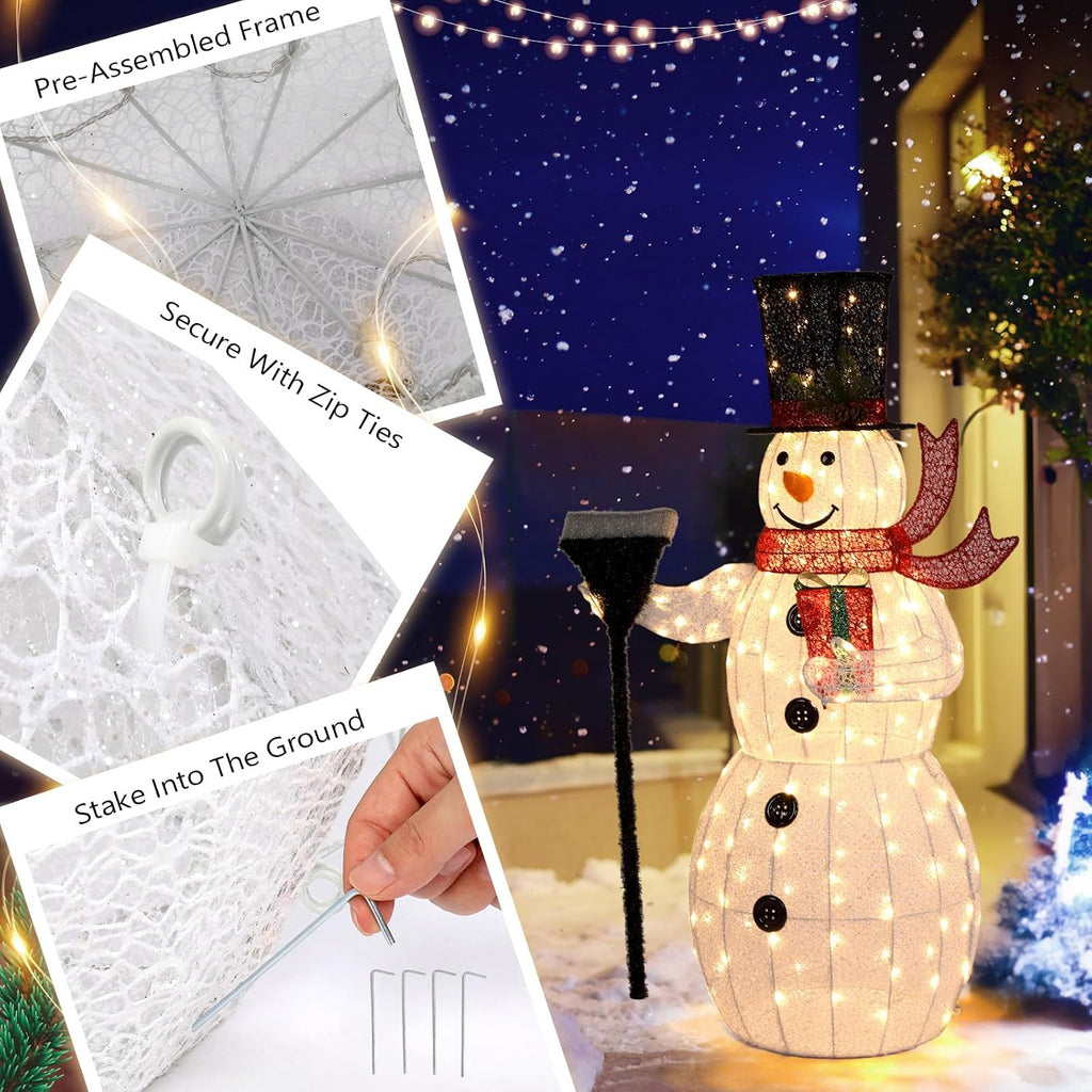 5FT Outdoor Snowman Christmas Decorations, Lighted Outdoor Snowman w/200 LED Lights, Tall Hat, Red Scarf, Zip Ties