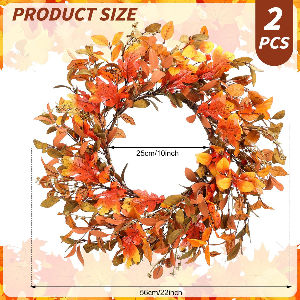 2 Pcs 22'' Fall Wreaths for Front Door Autumn Wreaths with Berries Harvest Eucalyptus Leaves Orange Gold Leaves Wall