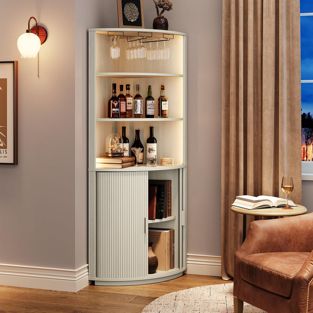 72" Tall Corner Bar Cabinet with LED Light, Liquor Cabinets, White
