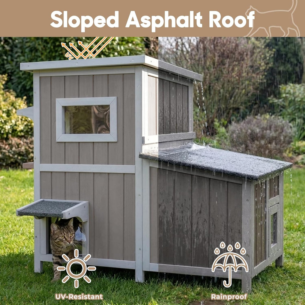 Outdoor Cat House for 2-3 Cats, 2-Story Weatherproof Wooden Cat Shelter with Feeding Station, Openable Asphalt Roof