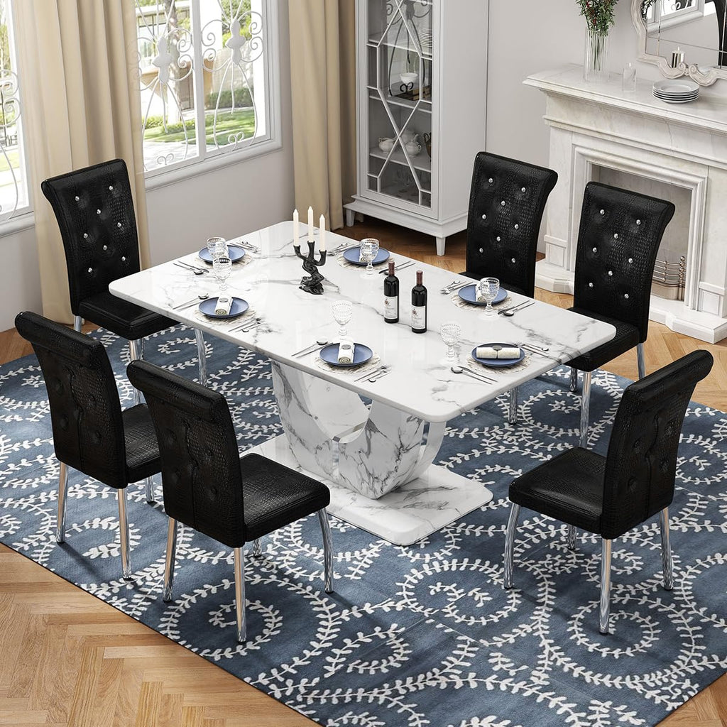 Modern Faux Marble Dining Table Set for 4, 63" White Rectangular Kitchen Table with Elegant U-Shaped Pedestal Base &