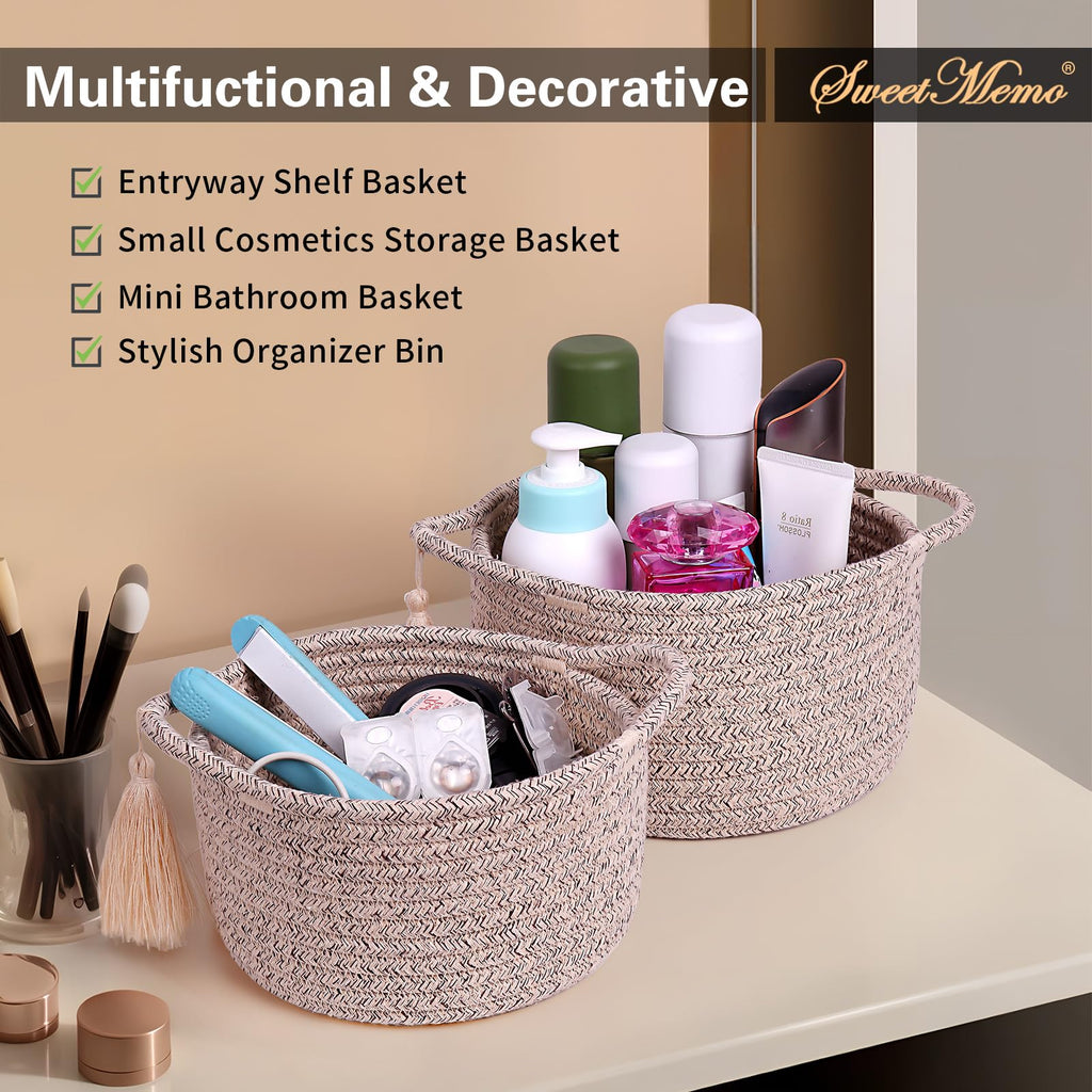Small Gift Basket Empty to Fill, 2 Pack, Mini Woven Basket, Natural Beige