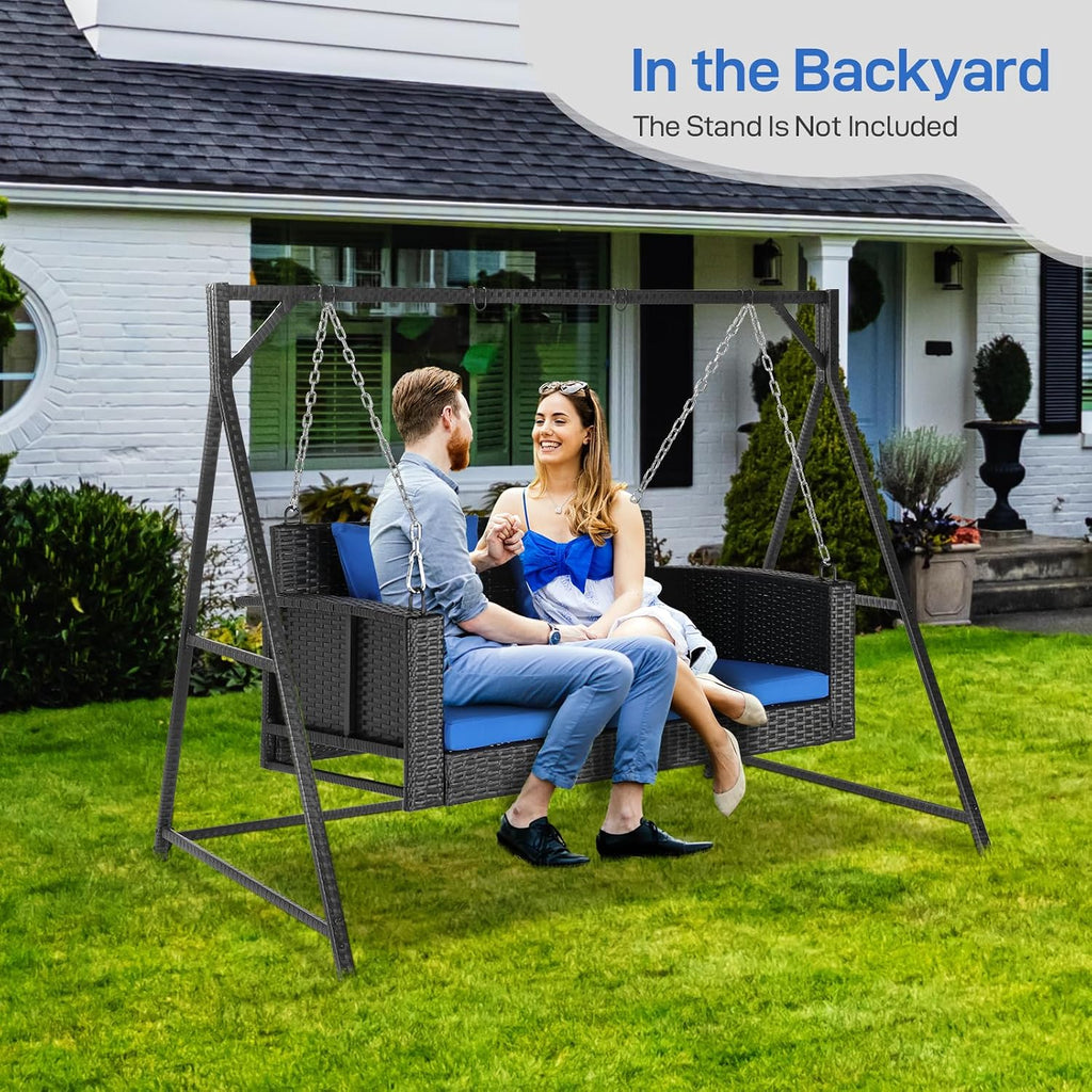 Wicker 2-Person Hanging Porch Swing Outdoor with Blue Cushion | Sturdy hanging bench swing holds up to 800 lbs