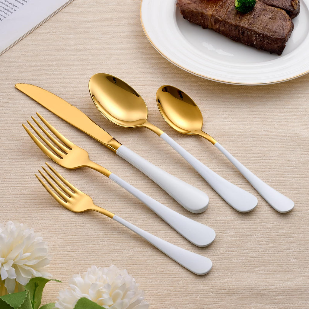 20-Piece White and Gold Silverware Set 18/0 Stainless Steel Silverware Set White Handle Cutlery Set Service for 4