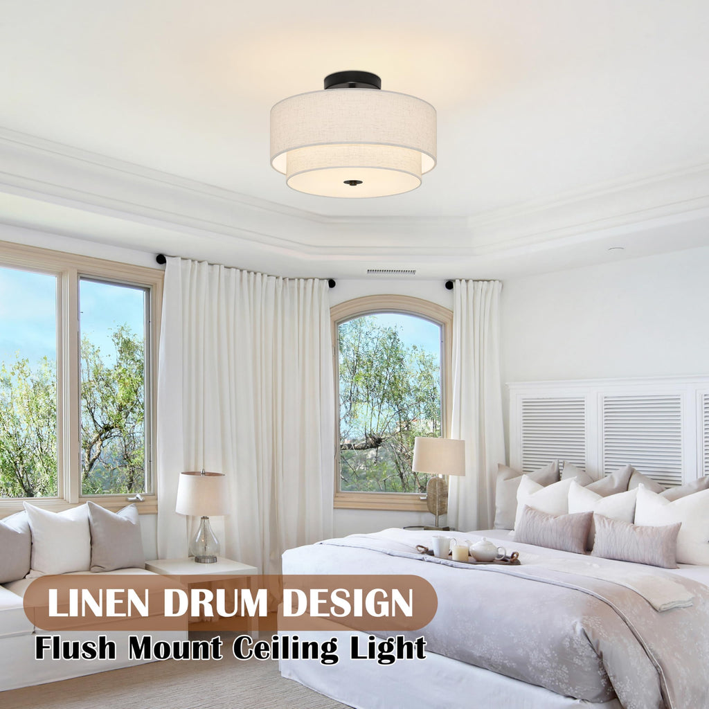 3 Light Semi Flush Mount Ceiling Light Fixture 15.7 Inch Modern Black Drum Ceiling Light Fixture with 2-Layer Fabric